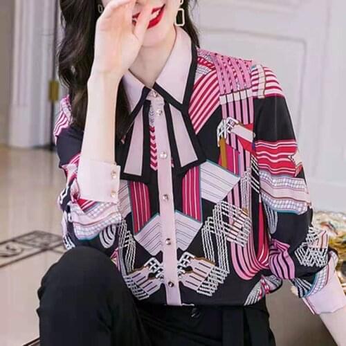 2021 spring new simple fashion streamer lapel print all-match long-sleeved heavy imitation silk shirt women