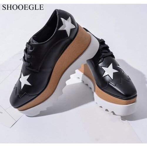 British Style Women Leather Star Shoes Runway Square Toe Lace Up Casual Shoes Lady Height Increasing Platform Shoes Wholesale