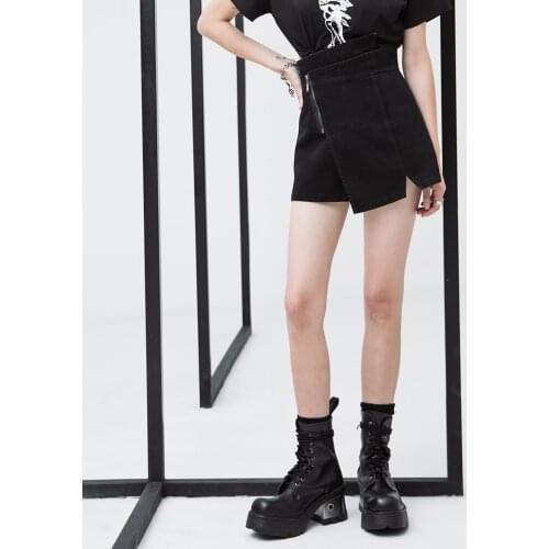 PUNKRAVE Womens Punk High Waist Fitting Short Jeans Daily Wear Asymmetic Waist No Elasticity Cotton Denim Shorts