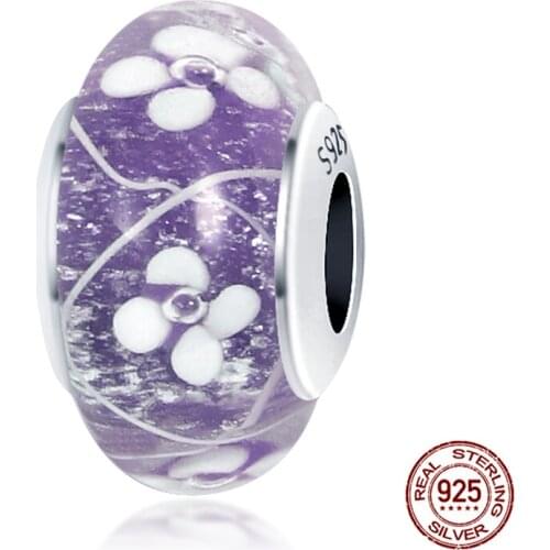 New 925 Sterling Silver Purple White Flower Glass Beads Charms Fit Original Pandora 3mm Bracelet&Bangle Women Fine Jewelry Gift