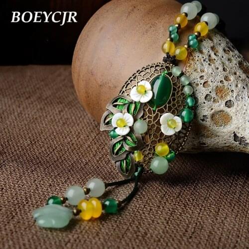 BOEYCJR Ethnic Colorful Natural Stone Necklace Handmade Fashion Jewelry Rope Chain Vintage Pendant Necklace for Women