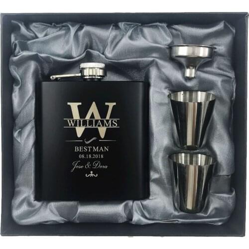 1* Personalized Engraved 6oz Black Stainless Steel Hip Flask Wedding Favors Best Man gift Groom gift Groomsman Gift