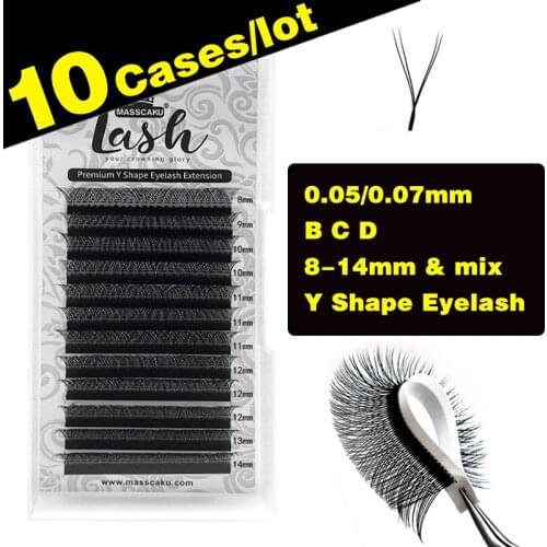 10Cases/Lot Best seller Y-Shaped Faux matte black lash individual 0.05 0.07 Fluffly Soft Slik Eyelash Extensions Lash Trays