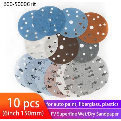 10PCS 6Inch 15 Holes FV Superfine Film Sanding Disc Soft Waterproof Sandpaper 600 to 5000 Grits for Automotive Paint Sanding