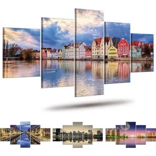5 Pieces Wall Art Pictures Cityscape Poster Home Decoration Beautiful Seaside Town Canvas Painting For Living Room