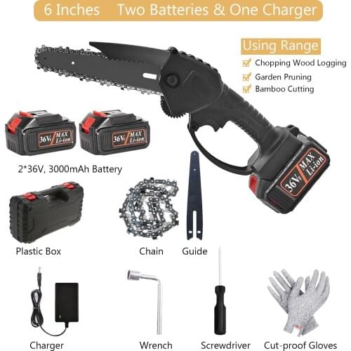 6 inch mini Electric Chainsaw Cordless Battery Chainsaw with 2*3000mAh Battery Handheld Chainsaw 36V Rechargeable Power Chainsaw