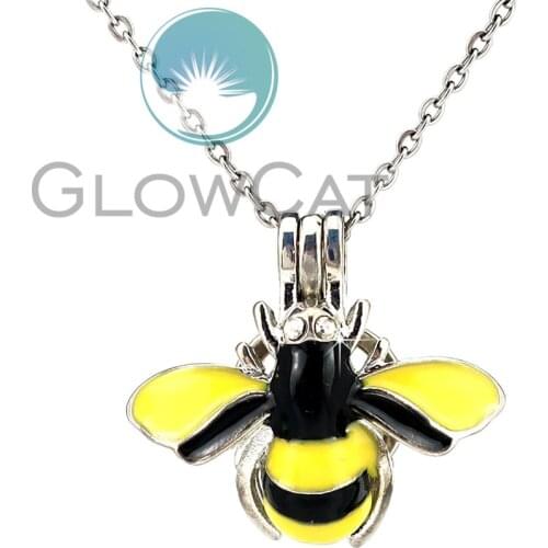 Colors Enamel Insect Honeybee Beads Cage Locket Pendant Perfume Diffuser Pearl Cage Necklace KK1053