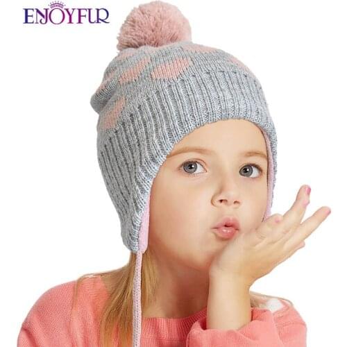 ENJOYFUR winter children knit hats for boys girls natural fox fur pompom warm kids bonnets cute ear protection ski baby beanies