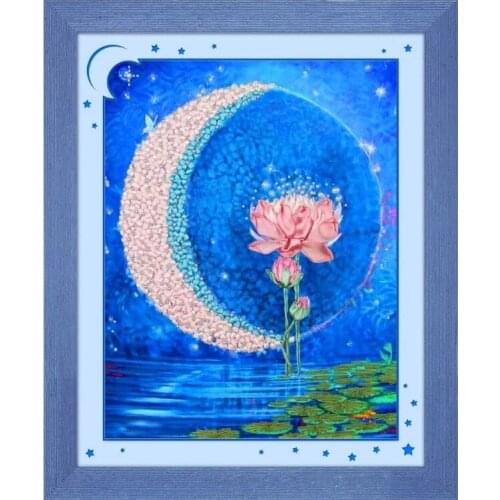 Needlework,DIY Ribbon Cross stitch Sets for Embroidery kit,Fairy moon sea flower love ribbon Cross-Stitch handwork wedding kit