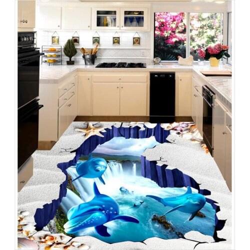 3D Wallpaper 3D Floor Modern Art Dolphin Beach Seashells Living Room Bathroom 3D Floor Drawing Self-adhesive PVC Wallpaper
