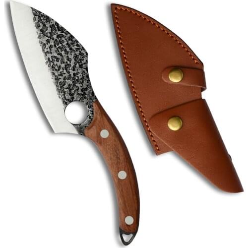 Hunting Knife With Leather Sheath Full Tang Forged Blade Hollow 6 Inch Wood Handle Stainless Steel Outdoor Camping Hunting Knife