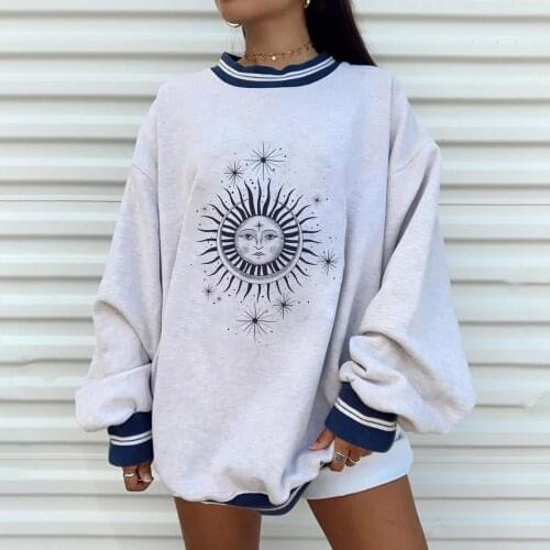 Autumn Winter Sun Star Sweatshirts Womens Casual Loose Pullover Cute Youg Girls Plus Size Hoodies Female Clothes Gray Oversize