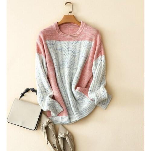 Autumn winter crew neck sweater contrast pullover high quality 100% cashmere thick sweater female