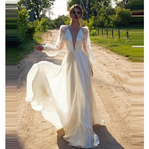 Simple White Bride Dresses Lace Appliques A-line Deep V-Neck Long Sleeves Elegant Bridal Special Day Wear свадебное платье 2020