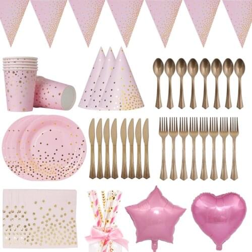 Pink Series Disposable Polka Dot Tableware Paper Plate Cup Straw Girl Birthday Party Decoration Baby Shower Shower Toy Balloon