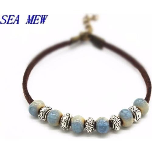 SEA MEW China Fashion Metal Alloy Ceramic Bracelet Adjustable Porcelain Bead Bangles For Women Charm Bracelets Girls Gift
