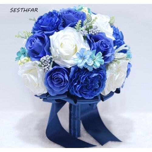 Blue Wedding Bouquet Rose Artificielle Romantic Handmade Silk Flowers Bridal Holding Wedding Accessories SPH024