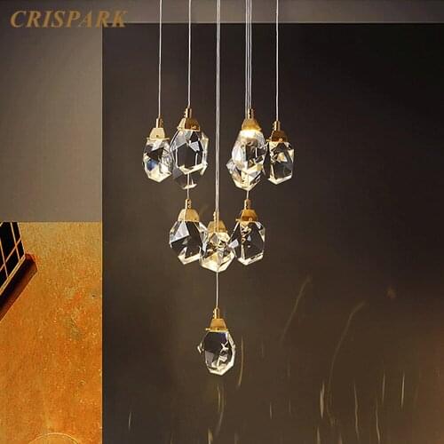 Nordic Spiral Clear Crystal Pendant Light LED Luxury Brass Indoor Loft Decorative Hanging Lamp for Villa Stairs Kitchen Island