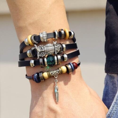 Vienkim Charms Owl Leaf Crystal Beads Leather Bracelets & Bangles Set Men Women New Wristband Multiple Bracelet Jewelry Party