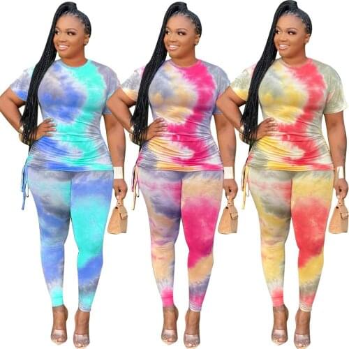 High Quality Big Size Women Tracksuits Two Pieces Sets Tie-dye Printed Short Sleeves T-Shirt with Drawstring Skinny Leggings
