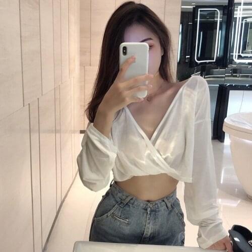 WOMENGAGA Women Cross V-neck Long Sleeve Hot Sexy Backless Tops Solid Color Loose Open Navel Female T-shirt 3IZ2