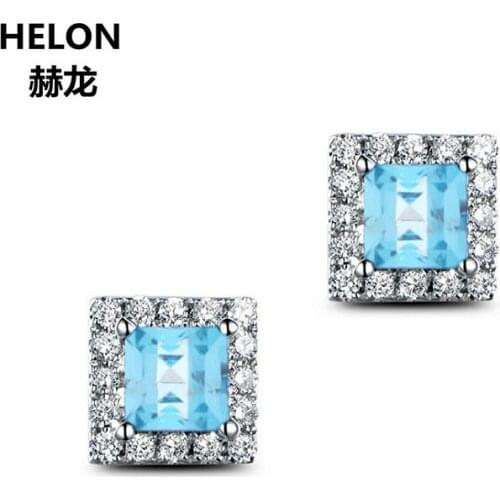 Solid 14k White Gold Natural Diamond Stud Earrings Women 4mm Princess Sky Blue Topaz Fine Jewelry Christmas Valentines day gift