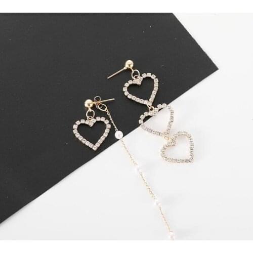 New Korean Charm Pearl Tassel Crystal Love Heart Earrings For Women Fashion Asymmetric Drop Earring Luxury Jewelry Brincos