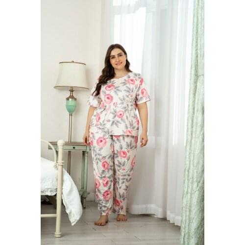 Plus Size Summer Women Pyjamas Suit Short Shirt Long Pants Pajamas Set For Female Floral Printed Loose Soft Comfortable Homewear