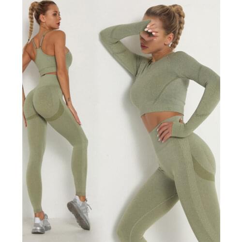 Womens Sets Skinny Tracksuit Breathable Bra Long Sleeve Top Seamless Outfits High Waist Push Up Leggings Gym Clothes Sport Suit