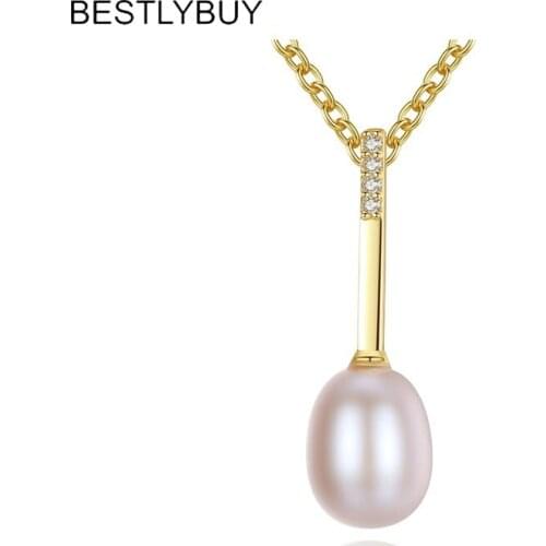 BESTLYBUY Real 925 Sterling Silver Necklace 8-8.5mm Natural Cultured Fresh Water Pearl Pendant Women Necklace Jewelry