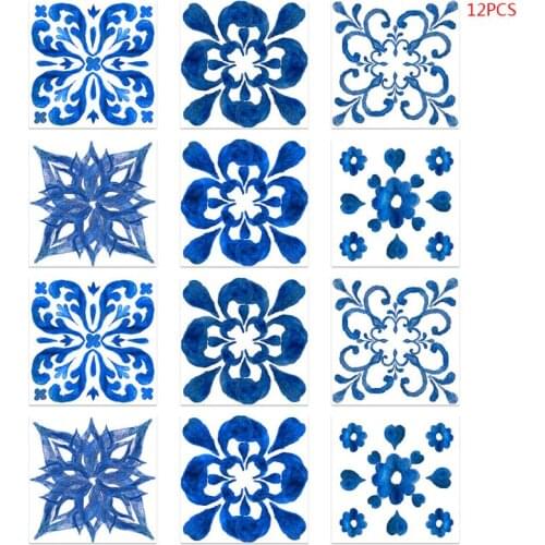 12pcs Blue and White Porcelain Self Adhesive PVC Ceramic Tile Sticker Waterproof 85DA