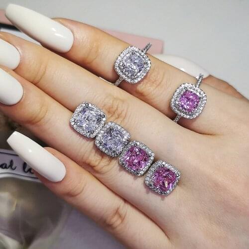 2pcs Pack 925 Sterling Silver Jewelry Set Halo Engagement Ring Round Stud Earring For Wedding Gift J5572