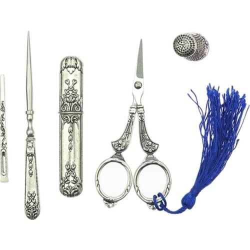 5 Pieces/Set European Vintage Sewing Kit Scissors Thimble Needle Case Awl Threader DIY Tools