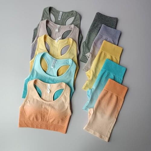 Seamless Sports Suits Women Gradient Crop Top Sports Bra High Waist Yoga Shorts Sets 2Pcs Gym Clothing Sexy Workout Set Outfits