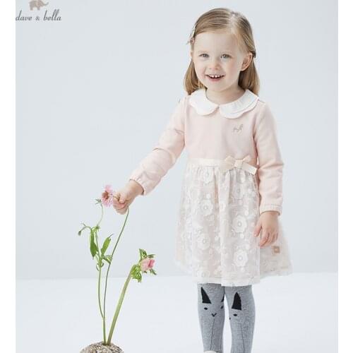 DBZ17539 dave bella spring baby girls cute bow floral embroidery dress children fashion party dress kids infant lolita clothes