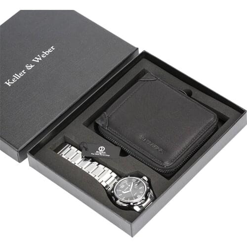 Business Men Wristwatches Stainless Steel Strap with Leather Black Wallet Male Luxury Clock Gifts Set Father Husband Boyfriend