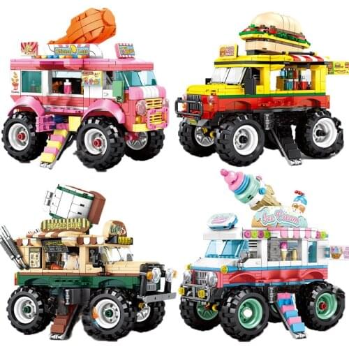 City Street Giant Wheel Mobile Food Shop Car Building Block Burger IceCream Fried Chicken Coffee Van Brick Toy For Children Gift