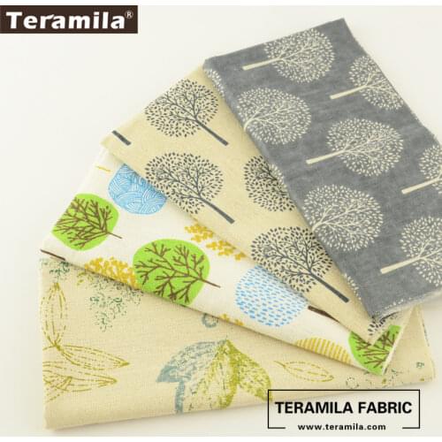 Teramila Cotton Linen Fabric 4 Muti-color Trees Designs Bundle Meter Patchwork DIY For Pillow Bag Cushion Curtain Tablecloth