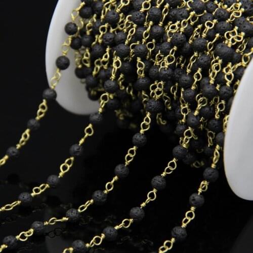 5Meters,4mm Black Volcano Lava Round Beaded Rosary Chains,Rough Lava Rock Stone Bronze Brass Wire Wrapped Chains Bracelets Craft