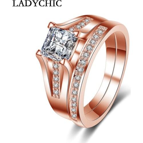 LADYCHIC Rose / White Gold Color Double Ring Set Shiny Princess Cut Cubic Zirconia Rings for Men & Women Engagement LR1027