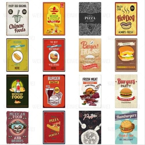 Mexican Food Metal Plate Fast Food Restaurant Iron Sign Hot Dog Hamburger Decoration Tin Sign Pizza Fish Chips Metal Plaque Art