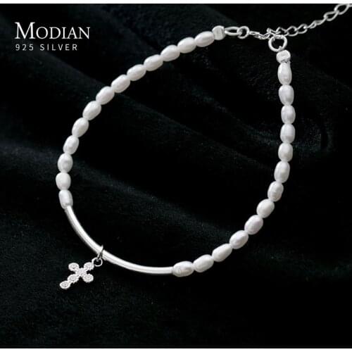 Modian Radiant Zircon Cross Elegant Pearl Bracelet Genuine 925 Sterling Silver Link Chain Bangle for Women Wedding Fine Jewelry
