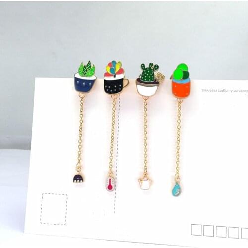 Fashion Creative Plant Potted Metal Chain Brooches Cactus Enamel Lapel Pins Button Badge Jewelry Bag Accessories Gift for friend