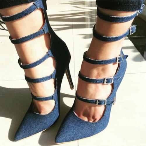 Charming Ladies Blue Denim Narrow Straps Buckle High Heel Shoes Sexy Ladies Pointed Toe Slip-On Pumps Woman Street Dress Heels