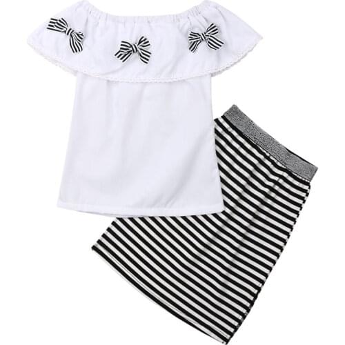 Baby Clothes Kids Baby Girl Bow Top T-shirt+Striped Skirt 2pcs Outfit Clothes Party Dress