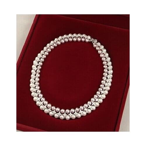 Wholesale latest new design jewelry 2rows natural AA 8-9mm white&gray freshwater pearl necklace 006
