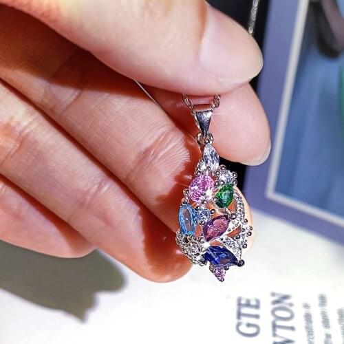 925 Silver Ladies Drop Shape Color Zircon Pendant Necklace Color Leaf Flower Clavicle Chain Fashion Party Ladies Jewelry Luxury