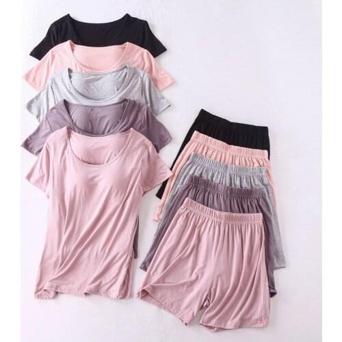 Modal cotton pyjama femme new pijamas women chest pad short sleeve pajamas set large size bra-cup loose shorts sleepwear set