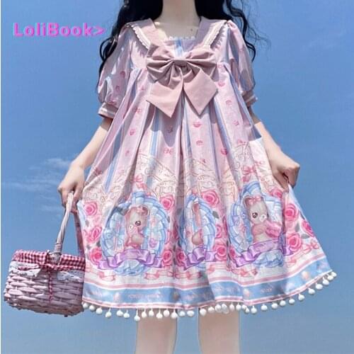 Lolibook Lolita Dress Cartoon Bear Japanese Short Sleeve Sweet Dress Cute Kawaii Princess Clothes Soft Girl Sailor Collar