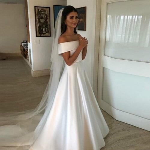 Simple Cheap Stain Bridal Dress Off The Shoulder Wedding Bridal A-line Wedding Dresses Back Zipper With Button Custom Size